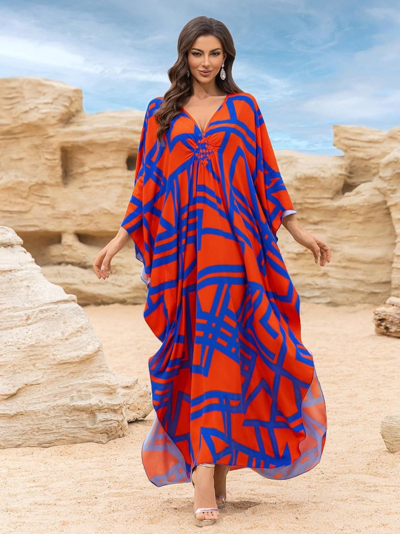 KEYLORTING Women’s Kaftan Beach Cover Up Dress Plus Size Summer Swimsuit Loungewear Maxi Dress - Image 3